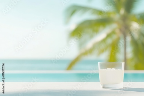 commercial photography for advertising campaign showcasing tropical cocktail on poolside table with blurred palm trees