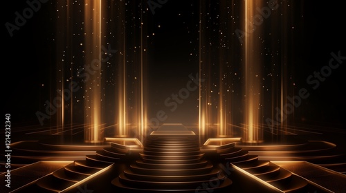 Fashion runway stage with golden spotlights and sparkles. Realistic 3d vector illustration of dark empty catwalk podium background. Abstract concert or night show studio corridor interior. .