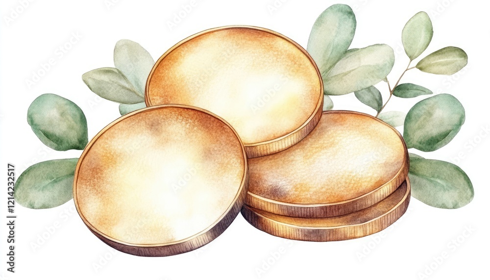 Three golden coins stacked on a white background surrounded by green leaves, symbolizing wealth and prosperity Three golden coins stacked on a white background surrounded by green leaves, symbolizing wealth and prosperity