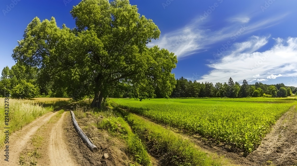 Obraz premium lush_green_farm_field_under_a_clear_blue_sky_agriculture