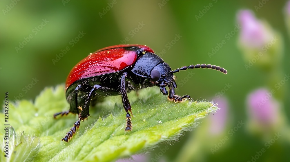 Closeup of Bright Red Lily Beetle on Leaf with Vibrant Green Background in Macro Photography : Generative AI Closeup of Bright Red Lily Beetle on Leaf with Vibrant Green Background in Macro Photography : Generative AI