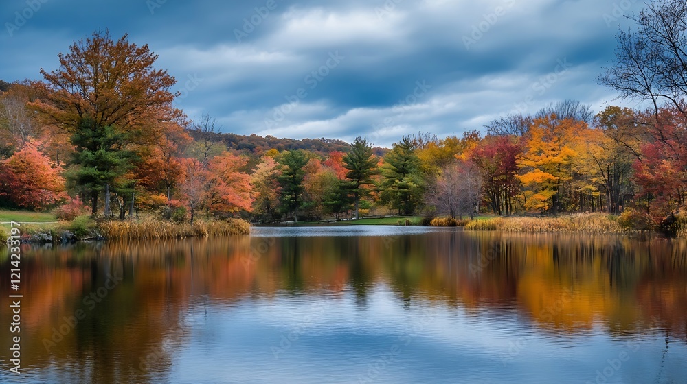 Vibrant Autumn Forest Reflected in a Calm Lake Under a Cloudy Sky : Generative AI Vibrant Autumn Forest Reflected in a Calm Lake Under a Cloudy Sky : Generative AI
