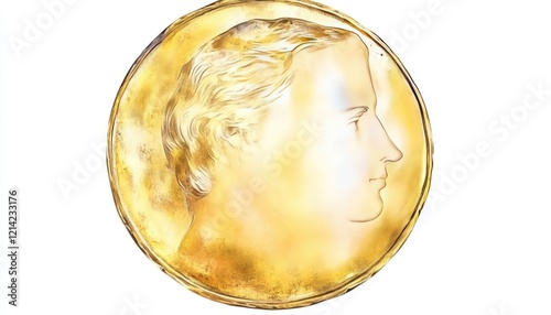 A close-up view of a golden coin featuring a profile portrait, shimmering under soft light, with a blurred background