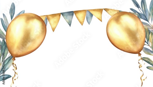 Golden balloons and decorative bunting framed by lush greenery, creating a festive atmosphere for celebrations