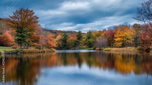 Vibrant Autumn Forest Reflected in a Calm Lake Under a Cloudy Sky : Generative AI
