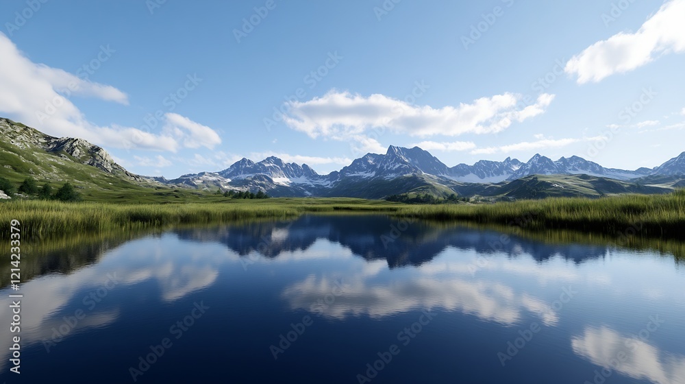 Serene Lake Landscape with Mountain Reflections and Clear Blue Sky : Generative AI Serene Lake Landscape with Mountain Reflections and Clear Blue Sky : Generative AI
