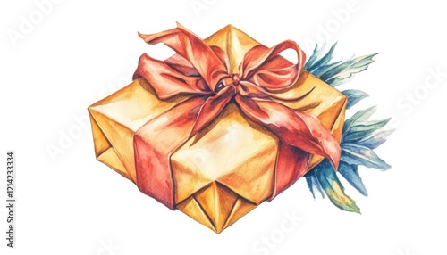 A beautifully wrapped golden gift box adorned with a red ribbon and greenery, perfect for celebrations