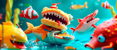 A cartoonish scene of fish and sharks with a yellow fish photo