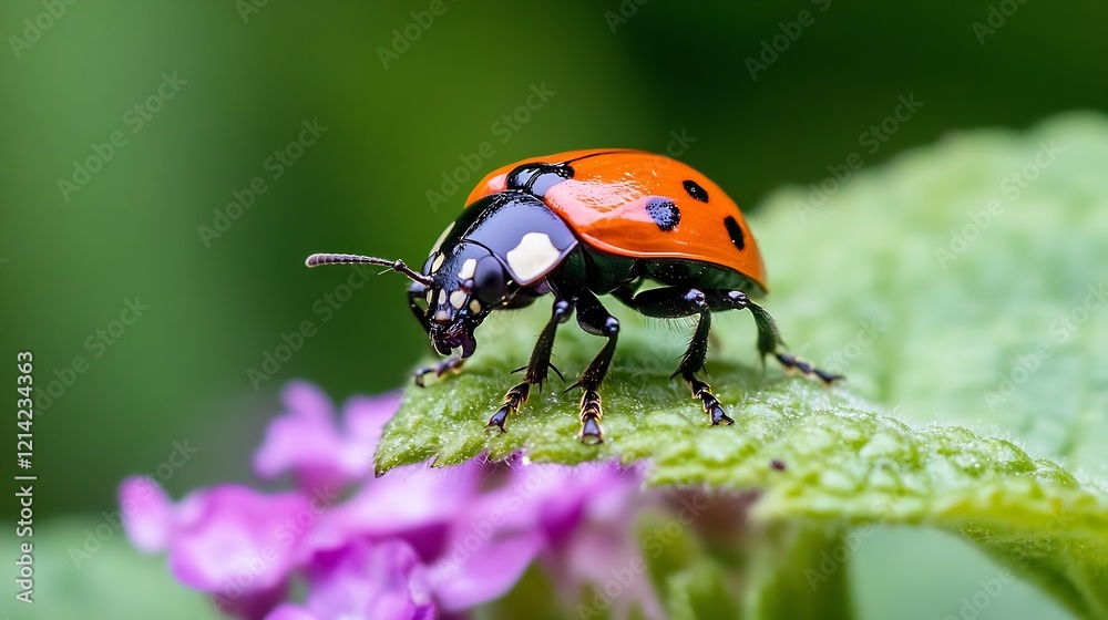 Fototapeta premium Closeup of vibrant ladybug on leaf with purple flowers against soft focus green background : Generative AI