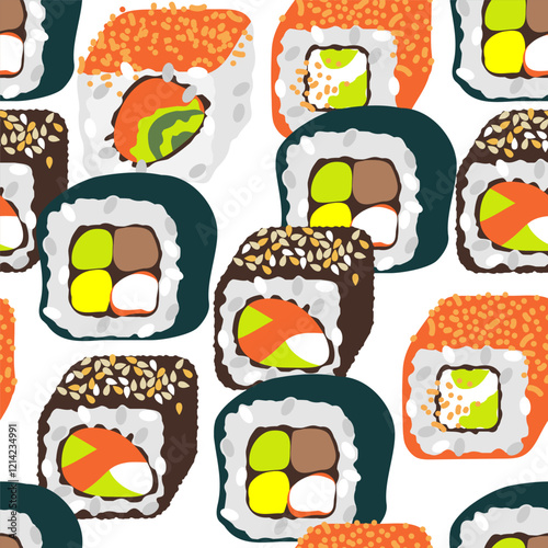 seamless pattern of Chinese food sushi and rolls. flat drawing with textures. stock vector illustration. EPS 10.