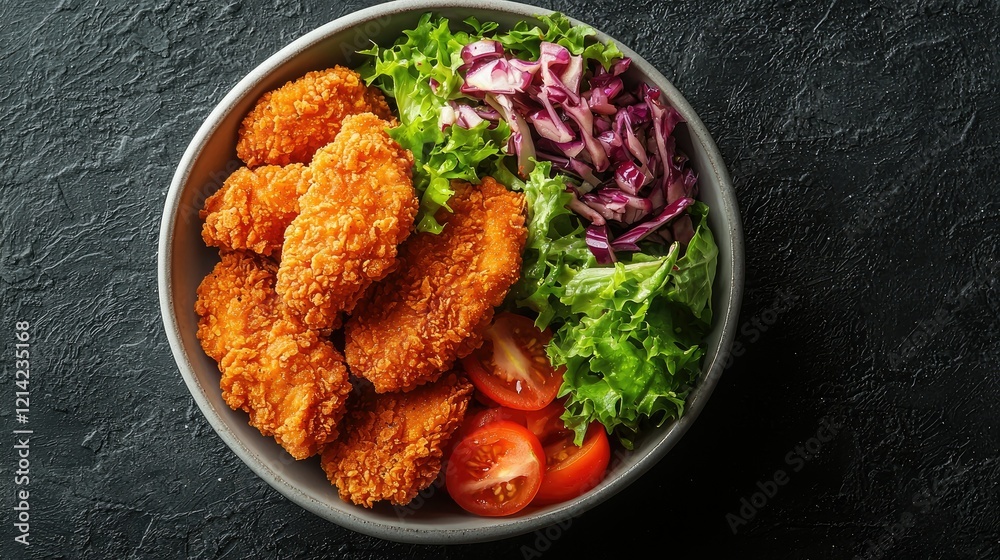 Crispy Chicken Nuggets Salad Bowl with Tomatoes and Red Cabbage Crispy Chicken Nuggets Salad Bowl with Tomatoes and Red Cabbage