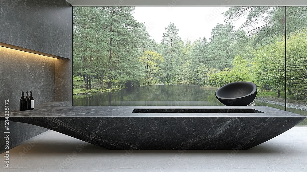 Modern Interior Design Featuring Dark Stone Table and Forest View Modern Interior Design Featuring Dark Stone Table and Forest View