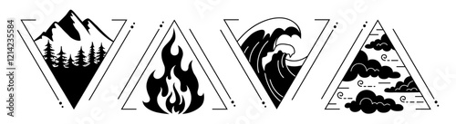 Four elements symbol set. Boho style signs with natural elements. Graphic vector illustration. Sacred symbols of being.