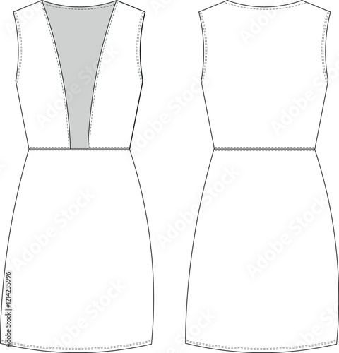 sleeveless plunging neck short body con straight pencil cut elastic dress template technical drawing flat sketch cad mockup fashion woman design style model 
