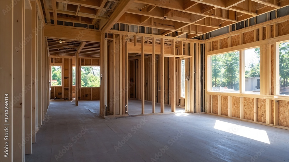 Framed Wooden Structure of New House Under Construction with Sunlight : Generative AI Framed Wooden Structure of New House Under Construction with Sunlight : Generative AI