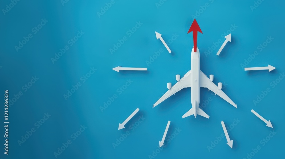 Airplane surrounded by arrows pointing in different directions, with one arrow going up, symbolizing Airline Bankruptcy, financial crisis, and recovery hopes Airplane surrounded by arrows pointing in different directions, with one arrow going up, symbolizing Airline Bankruptcy, financial crisis, and recovery hopes