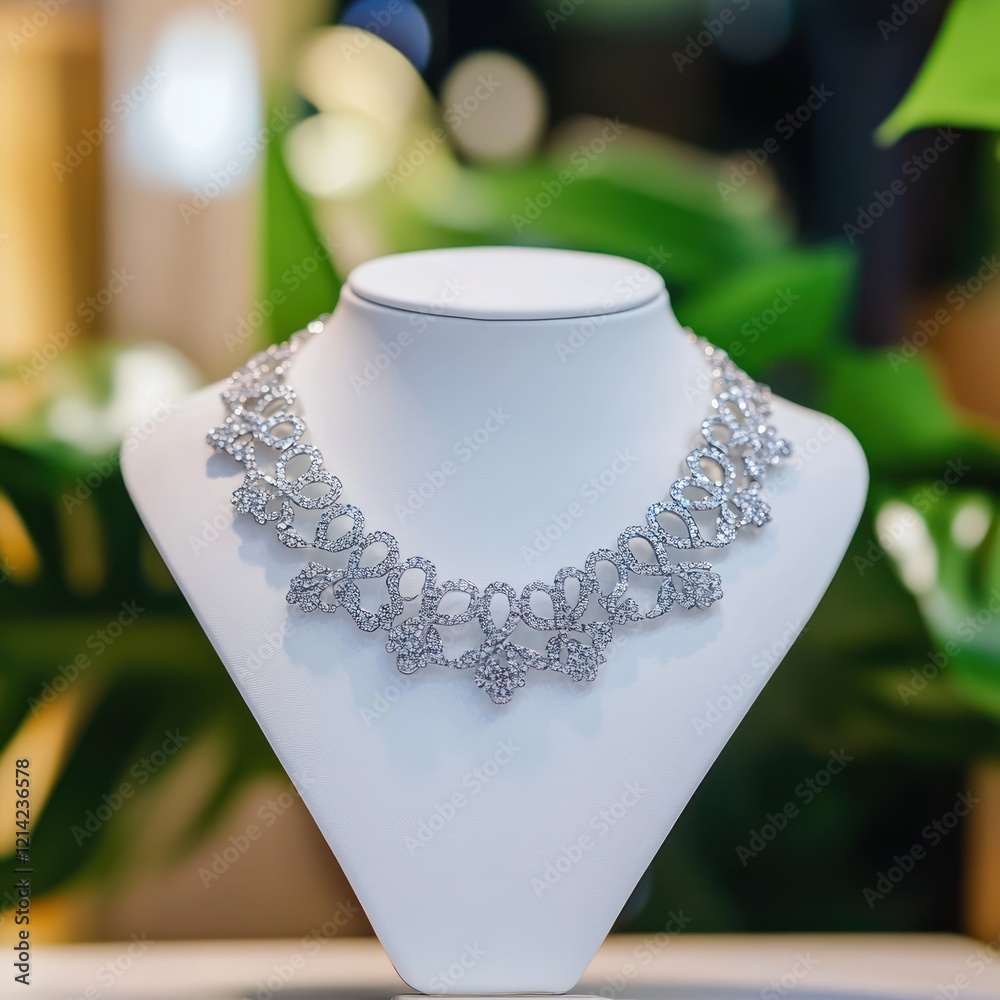 A stunning silver necklace with diamond intricate detailing, elegantly displayed on a white stand A stunning silver necklace with diamond intricate detailing, elegantly displayed on a white stand