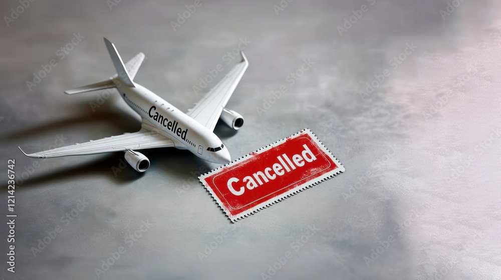 Airplane with Cancelled written on it placed next to a red stamp, symbolizing Airline Bankruptcy, financial crisis, and grounded flights Airplane with Cancelled written on it placed next to a red stamp, symbolizing Airline Bankruptcy, financial crisis, and grounded flights