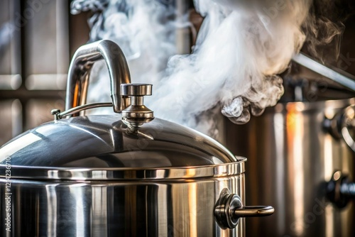 Close-up of a stainless steel brew kettle with steam rising from the spout, craft beer, manufacturing photo