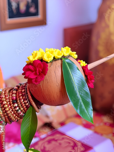 Indian wedding ceremony : decorative coper kalash with green leaf and coconut photo