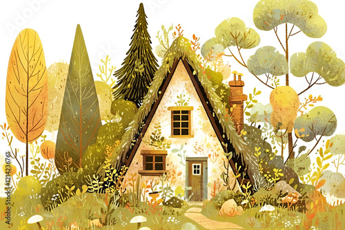 Step into a fairytale with this enchanting cottage illustration, nestled in lush greenery photo