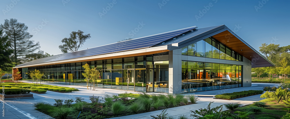 Obraz premium Modern eco-friendly building with solar panels surrounded by greenery