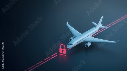 Airplane flying left of an airway in front of a red security line with a padlock icon, reflecting Airline Bankruptcy and financial constraints in aviation