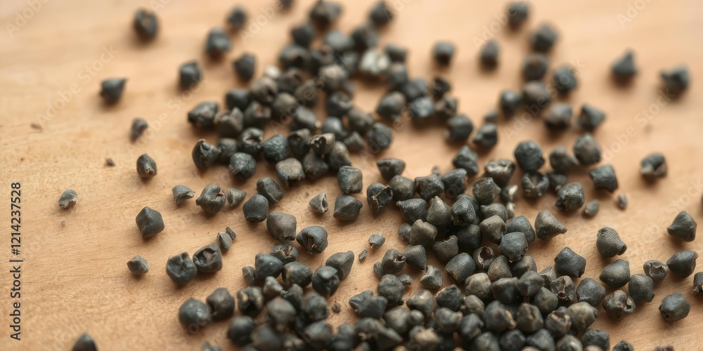 Close-up of black peppercorns scattered on a wooden table surface, background, table Close-up of black peppercorns scattered on a wooden table surface, background, table