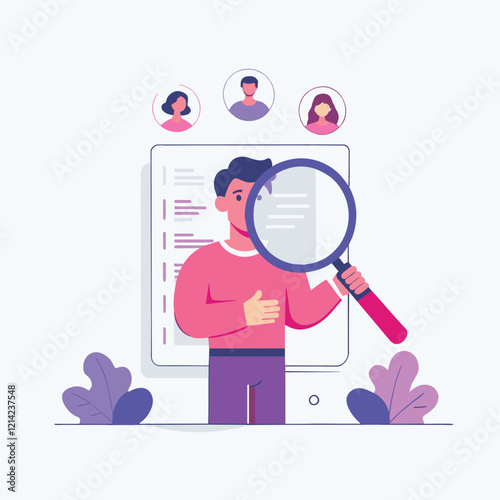 A person meticulously reviewing candidate profiles using a magnifying glass