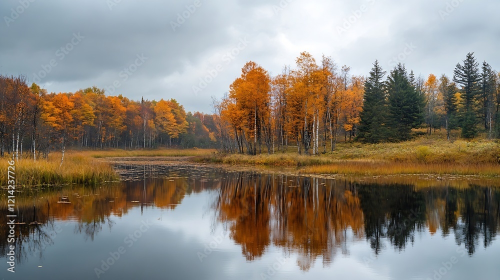 Autumn Trees Reflecting in Tranquil Lake Amidst Overcast Skies : Generative AI Autumn Trees Reflecting in Tranquil Lake Amidst Overcast Skies : Generative AI