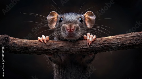 A Captivating Close-up Portrait of a Small Dark Grey Rat with Long Whiskers Clinging to a Branch Against a Black Background
