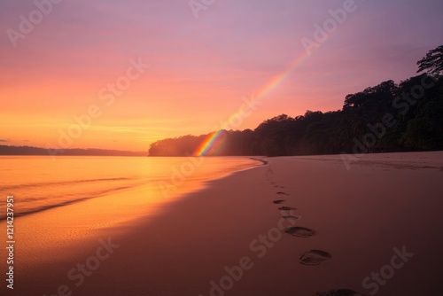 commercial photography for advertising campaign showcasing vivid rainbow stretching over secluded tropical beach at