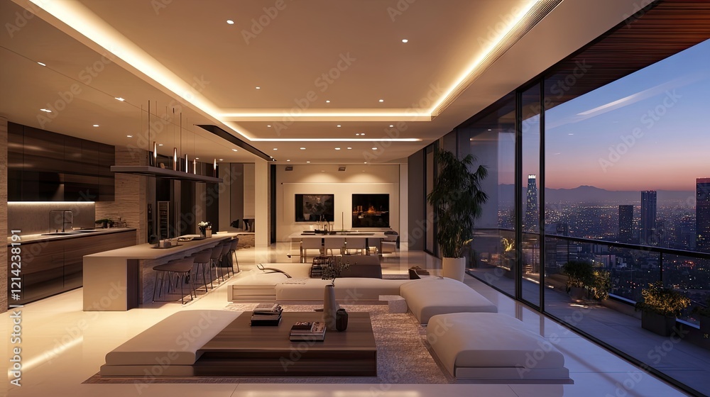 custom made wallpaper toronto digitalA contemporary loft apartment with a mix of modern and rustic decor, warm tones, and panoramic views of Downtown Los Angeles