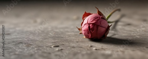 Close-up of dried rosebud on textured surface, textured backdrop, lifeless plant, brittle