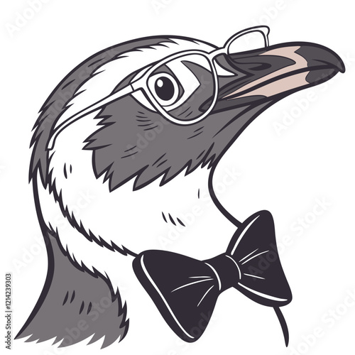 Penguin head with a bowtie and glasses vector art illustration.