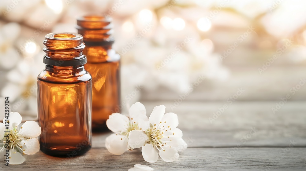 Aromatic Essential Oils in Amber Glass Bottles with White Flower Accents : Generative AI Aromatic Essential Oils in Amber Glass Bottles with White Flower Accents : Generative AI