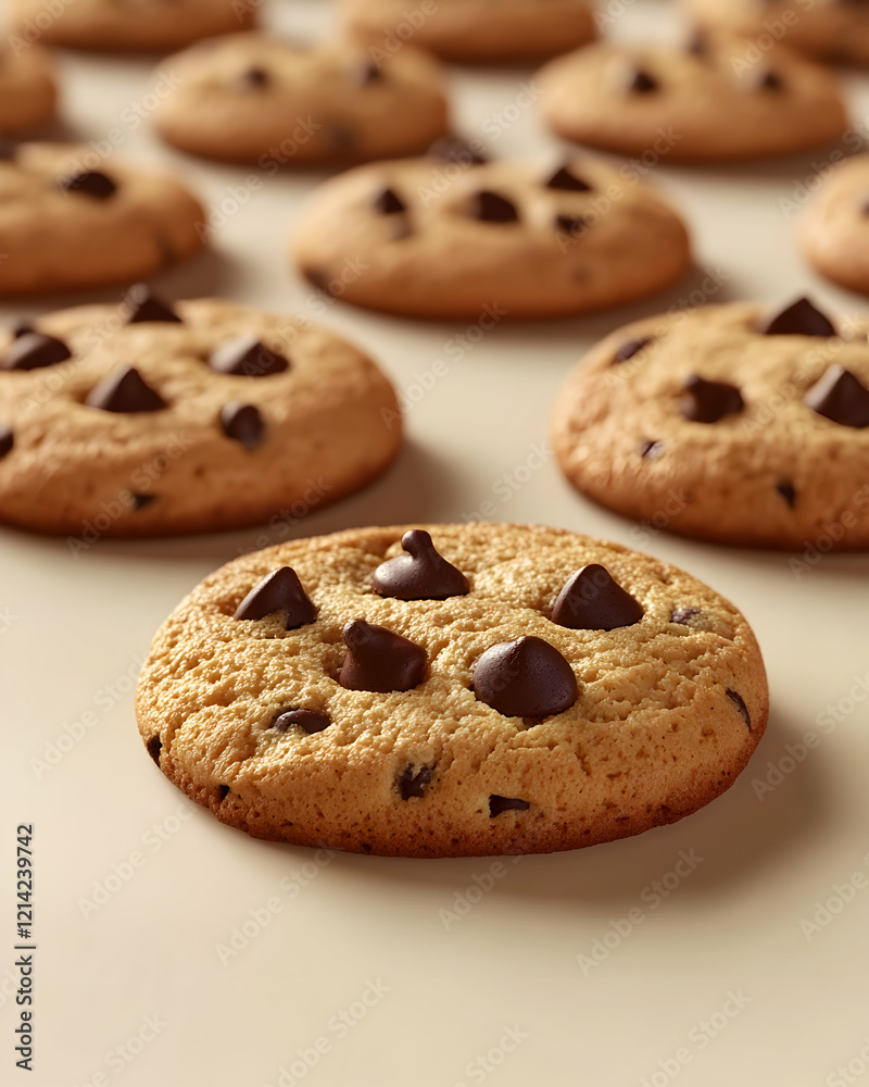 Freshly baked chocolate chip cookies on display. Freshly baked chocolate chip cookies on display.