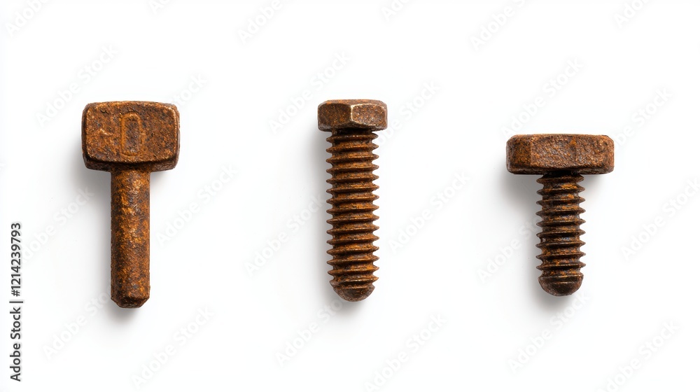 Old rusty bolts in various angles, isolated on a white background, showcasing weathered textures and industrial decay for hardware-themed visuals Old rusty bolts in various angles, isolated on a white background, showcasing weathered textures and industrial decay for hardware-themed visuals
