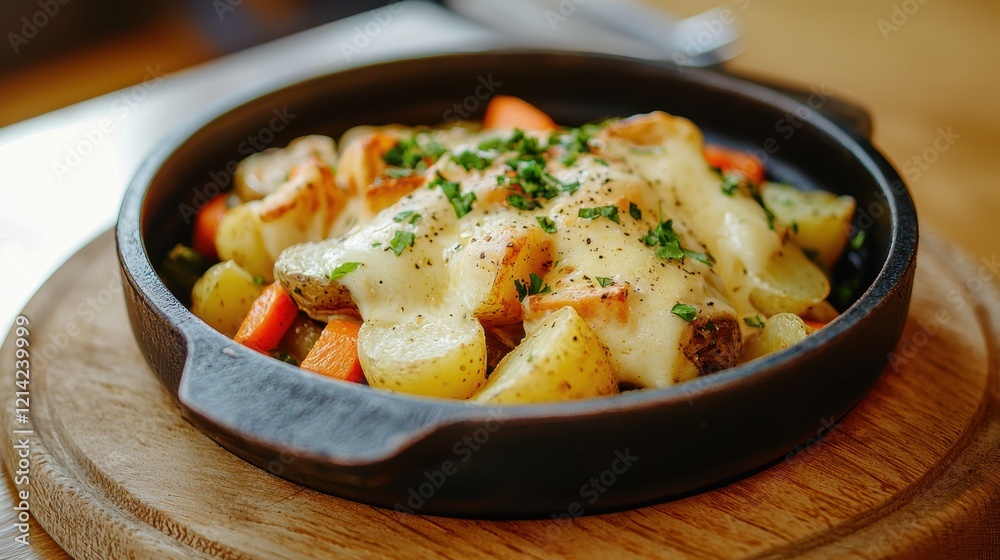 Raclette cheese melting over potatoes and vegetables, with the rich, gooey texture captured in a warm and rustic setting Raclette cheese melting over potatoes and vegetables, with the rich, gooey texture captured in a warm and rustic setting