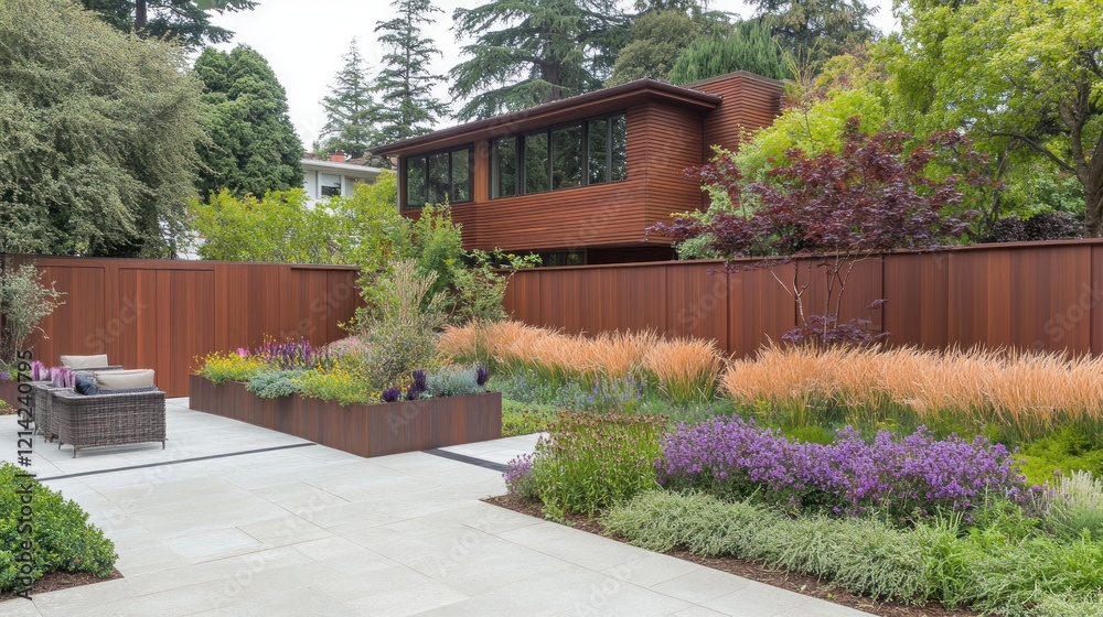Fototapeta premium Modern backyard patio with Corten steel planters, grasses, and lavender, adjacent to a contemporary home.