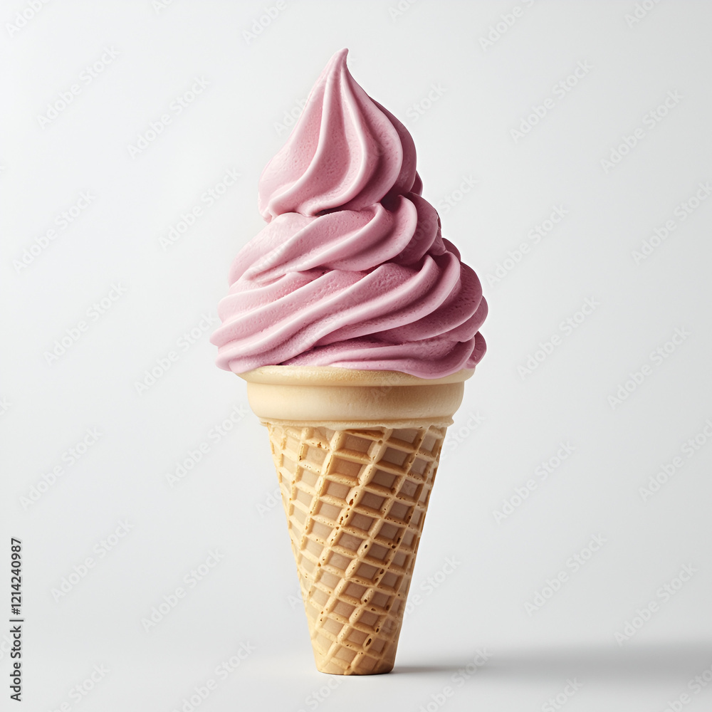 A swirl of pink soft serve ice cream in a crispy waffle cone, a refreshing summer treat. A swirl of pink soft serve ice cream in a crispy waffle cone, a refreshing summer treat.