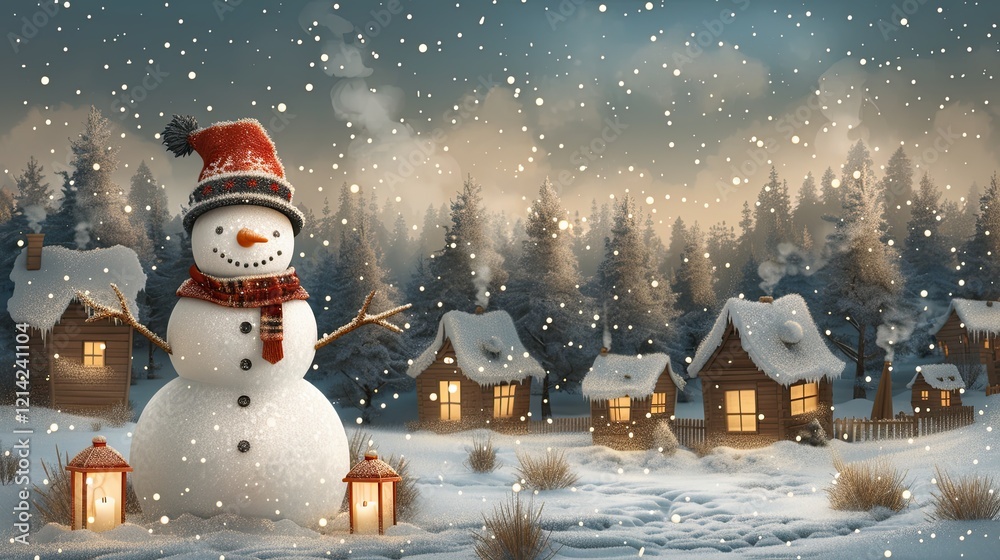 Obraz premium A snowman-building contest becomes a community event in this cheerful flat design scene