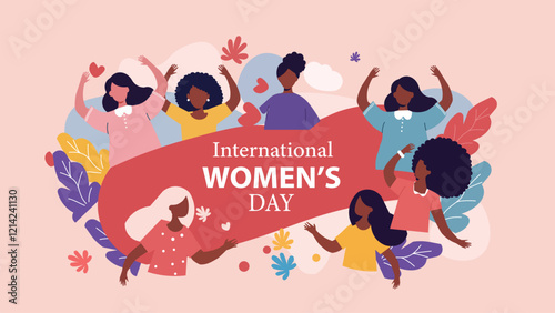 International Women's Day Celebration with Diverse Women and Floral Elements