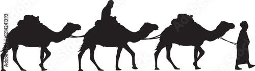 Silhouette of a camel traveling with its owner