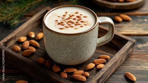 Ceramic cup of foamy almond milk cappuccino coffee drink with almond around and rustic wooden tray