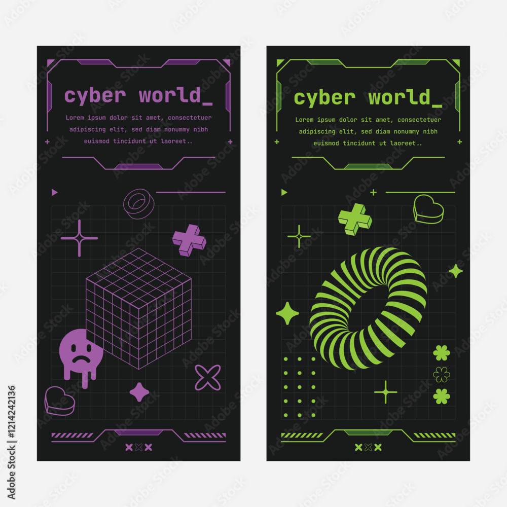 Fototapeta premium Acid style vertical banner template collection with mesh shapes