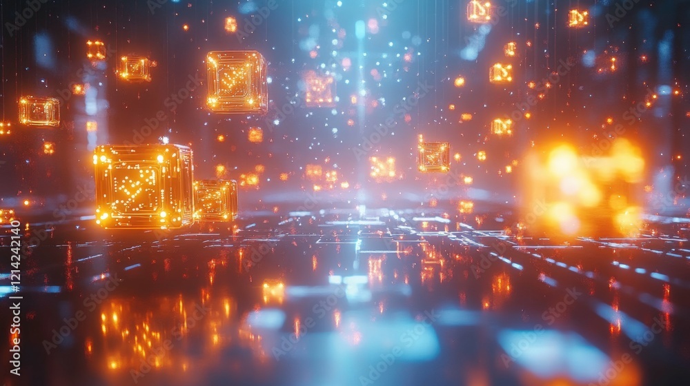 Fototapeta premium Abstract Glowing Cubes floating in a Digital Space with circuit board reflections Generated AI