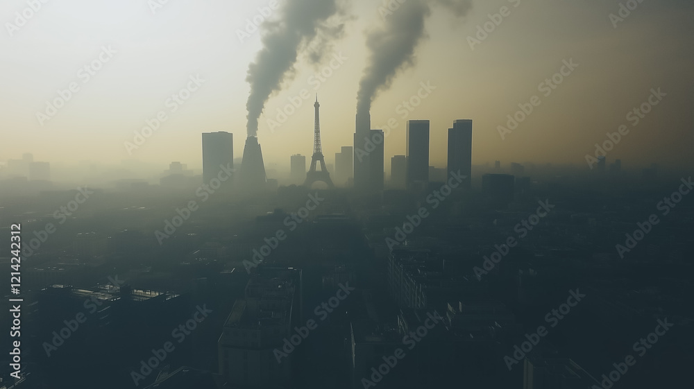 Obraz premium smog shrouds a city skyline, with plumes of smoke rising from industrial chimneys, emphasizing the pressing issue of air pollution and its impact on urban environments. 