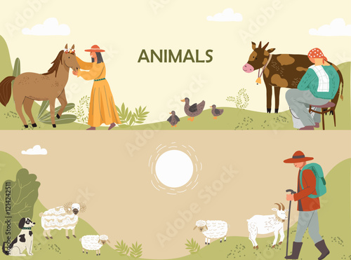 Hand drawn flat animal compositions