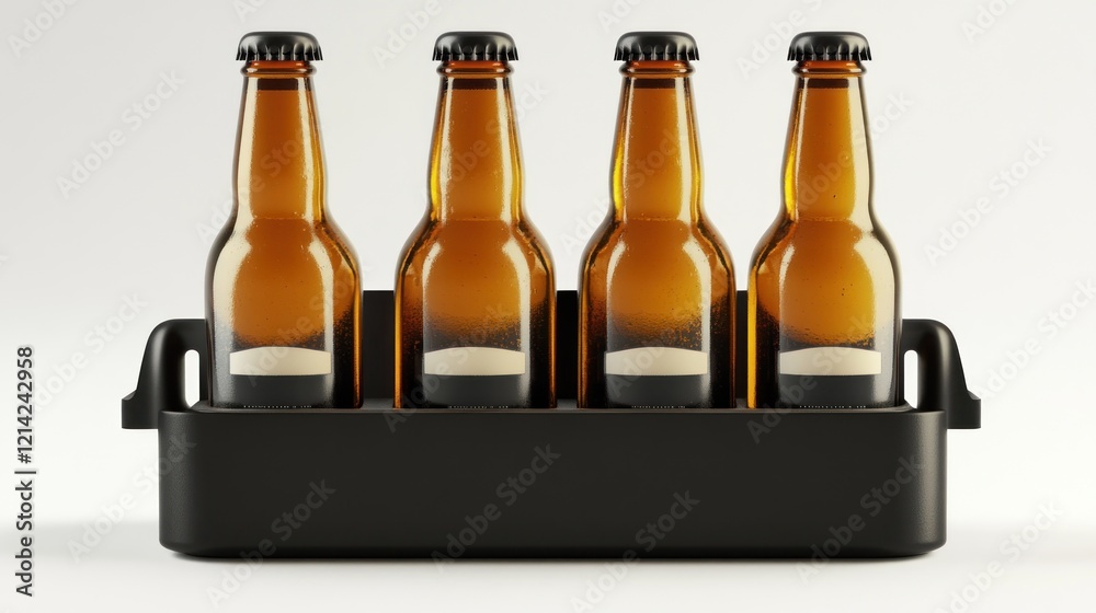 Four beer bottles in a carrier on white Four beer bottles in a carrier on white